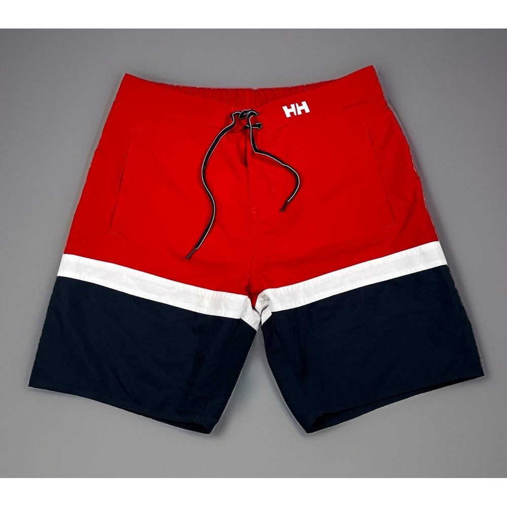 Helly Hansen Mens Size 33 Red White Navy Blue Marstrand Swim Bathing Suit Trunks